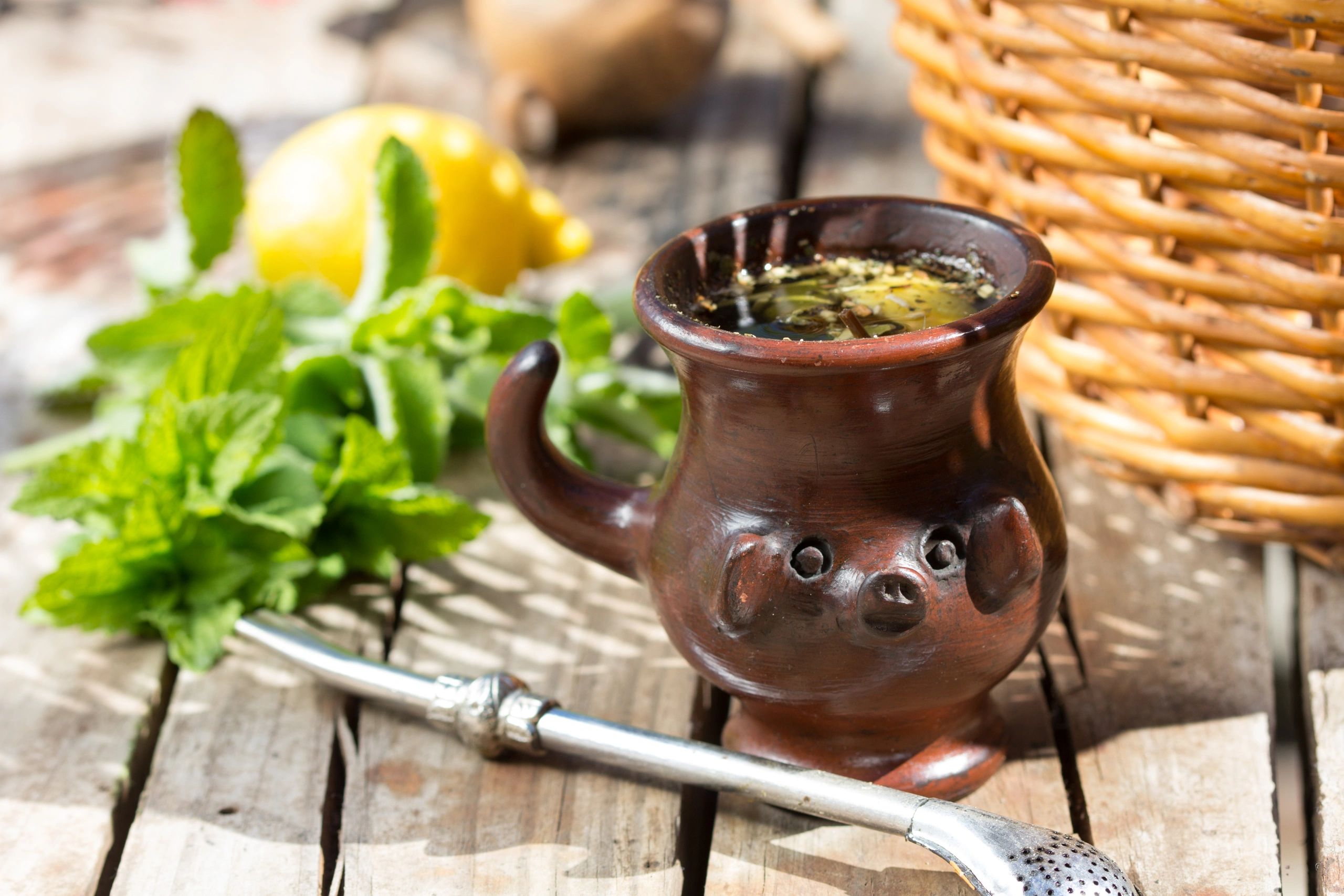 Loose yerba mate with fresh mint on a wooden background