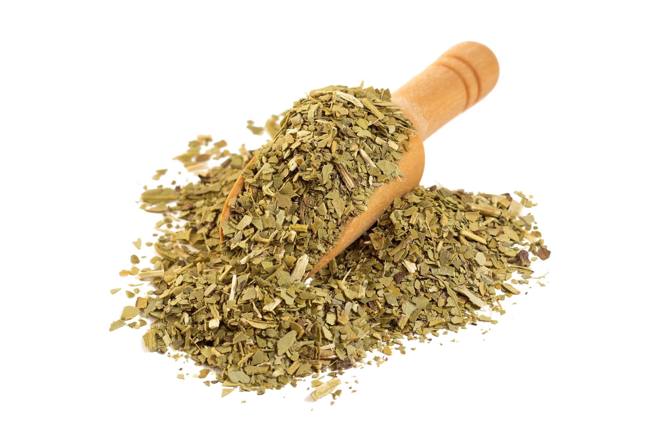 Loose yerba mate in a wooden spoon on a white background